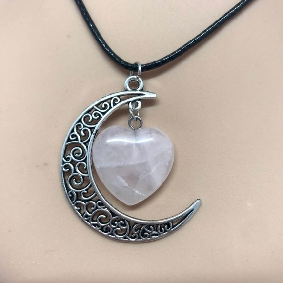 Crescent Moon Rose Quartz Heart Stone Pendant Blac - Picture 1 of 8